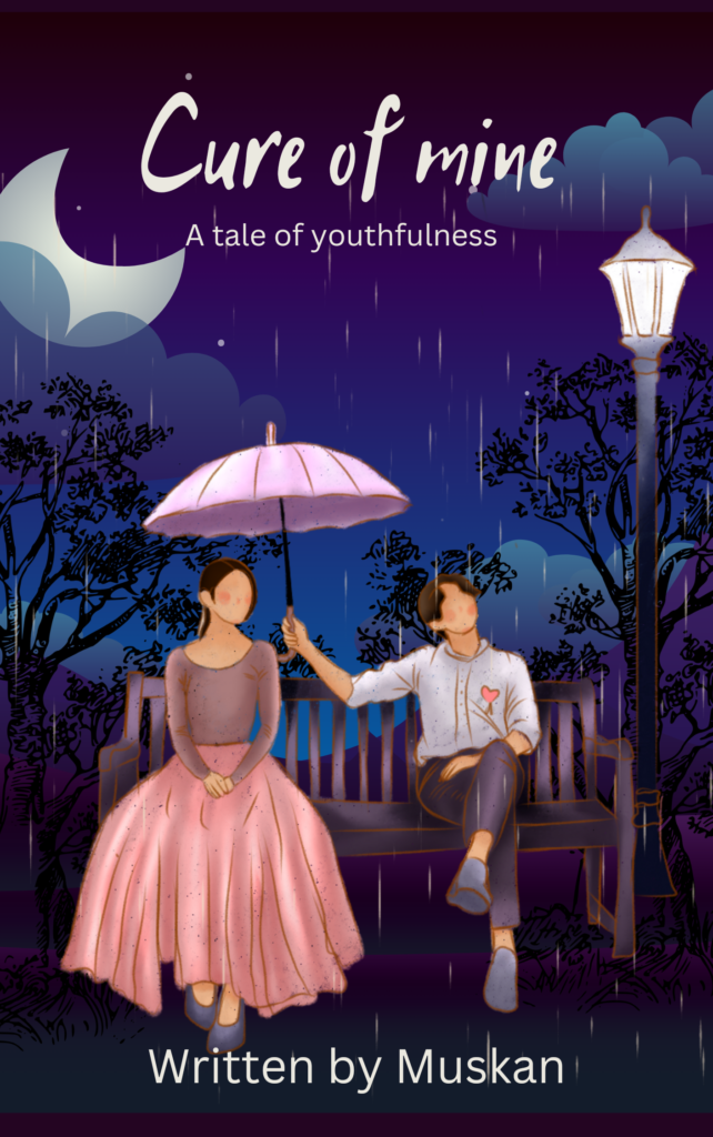 Cover of the English novel titled Cure Of Mine is written by Muskan, featuring a Couple sitting on a bench in a rainy Season, with Umbrella, available to read online for free on the website of Safar e adab publications.