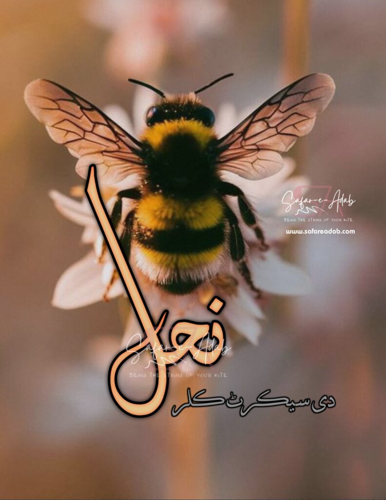 Cover of the English novel titled Nahal is written by The Secret Killer, featuring a Bee on a Flower, available to read online for free on the website of Safar e adab publications.