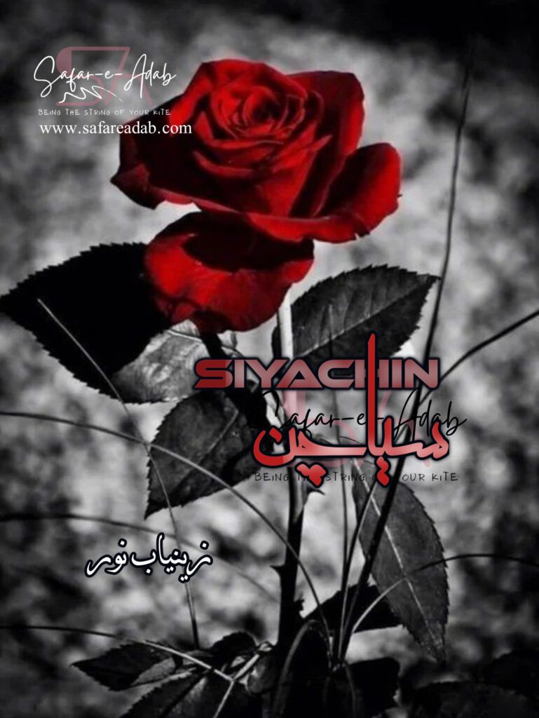 Cover of the Urdu novel titled Siyachin written by Zaynab Noor , featuring a Rose, available to read online for free on the website of Safar e adab publications.