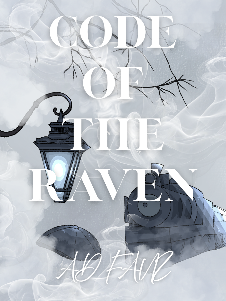 a cover image of the short story code of the raven written by ad fauz featuring a street lamp, bare branches, train, all covered in fog to suit the genre of the novel which is mystery and historical wartime fiction published on Safar-e-Adab