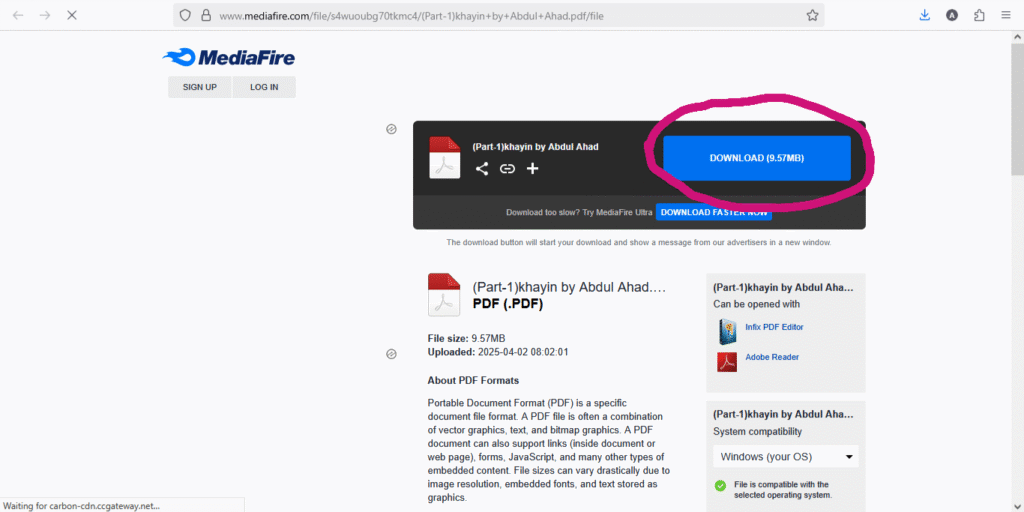 screenshot image of mediafire download page to guide readers to downloading pdf of urdu novels from safar-e-adab publications