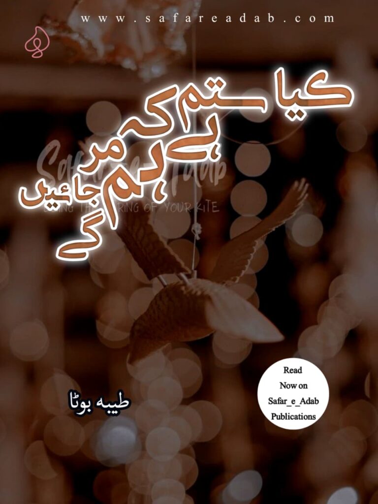 Cover of the Urdu novel titled Kya Sitam Hai Ke Ham Mar Jayenge written by Tayyaba Boota, featuring a hanging bird, available to read online for free on the website of Safar e adab publications.