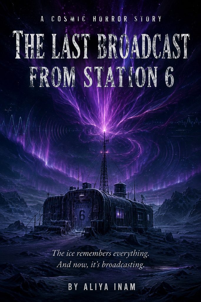 Cover of the short story The Last Broadcast from Station 6, featuring a frozen blue station surrounded by a cosmic magnetic field, available to read online for free on Safar-e-Adab