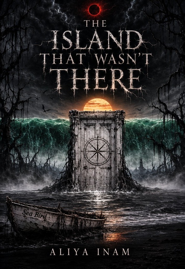 Book cover of The Island That Wasn’t There by Aliya Inam, featuring a mysterious white door with a circular symbol standing in dark, stormy ocean waters. A towering green wave, a glowing orange moon, a red solar eclipse, twisted leafless trees, and the small boat Sea Bird create an eerie, supernatural atmosphere.
